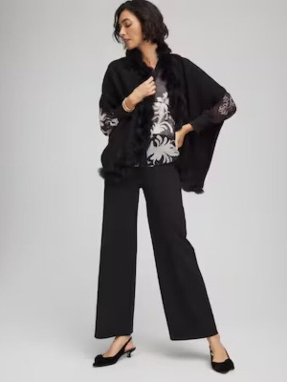 EUC Chico's Black Faux Fur Trim Cashmere Cocoon Wrap